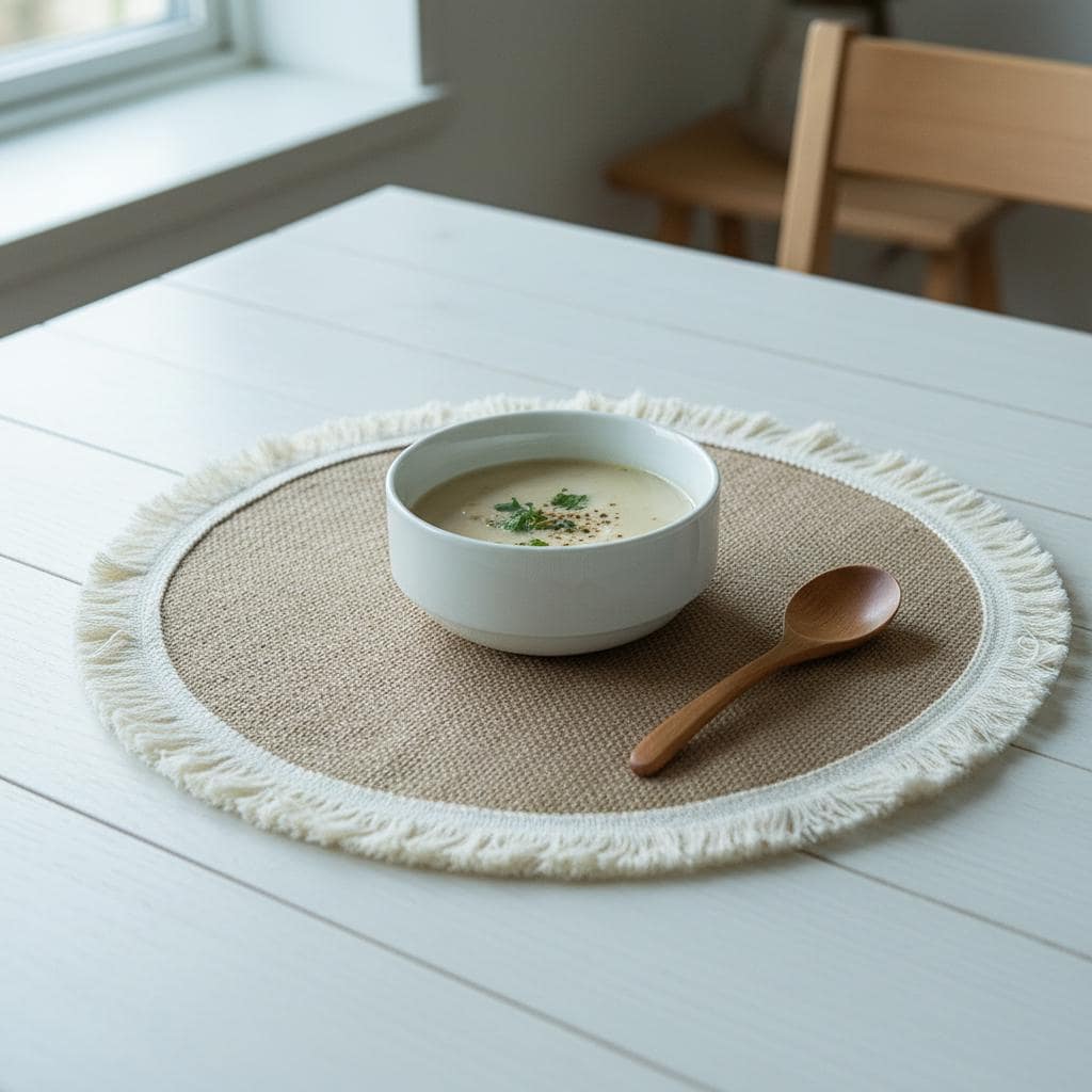Handmade round Burlap Placemats Set of 4 | Boho Farmhouse Crochet Lace Table Mats