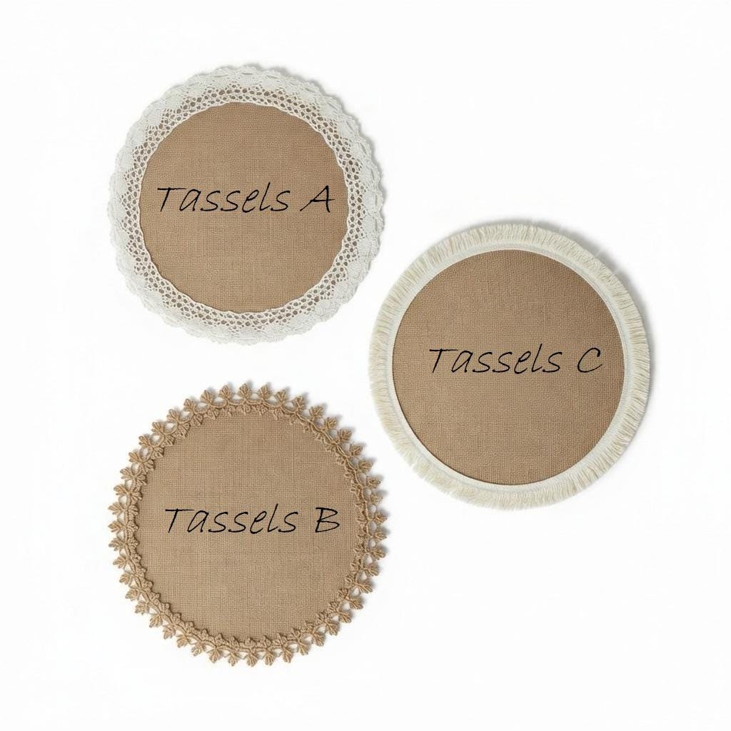 Handmade round Burlap Placemats Set of 4 | Boho Farmhouse Crochet Lace Table Mats