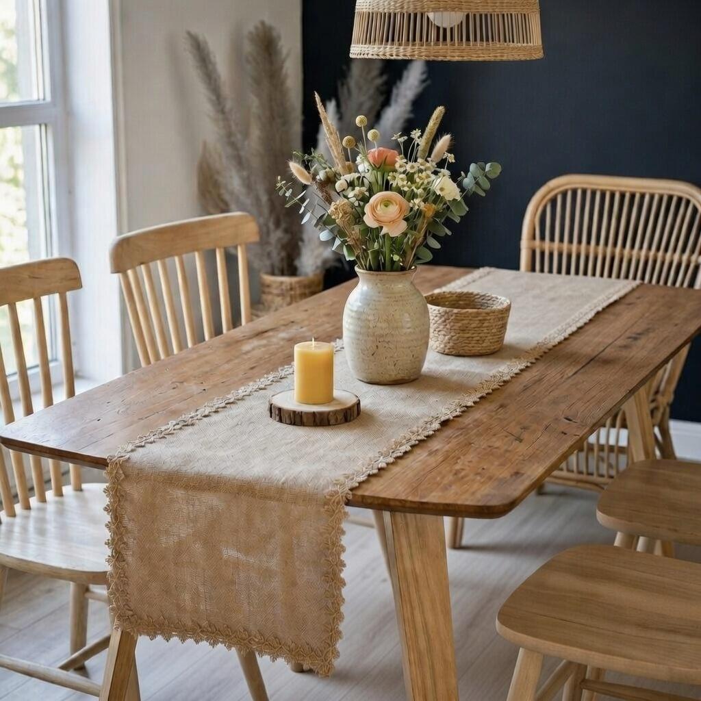 Burlap Table Runner Crochet Lace Tassel | Jute Farmhouse Boho | Rustic Wedding | Baby Shower Dining