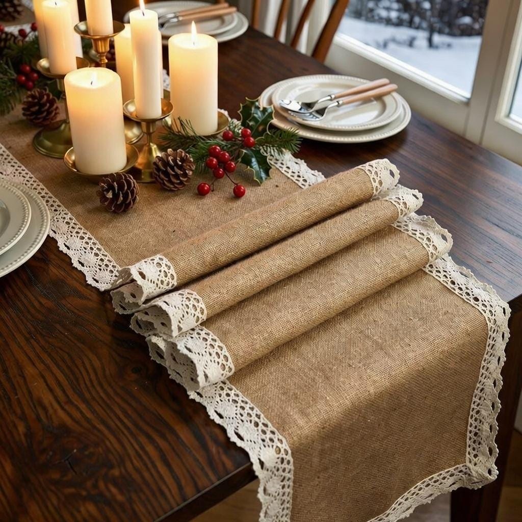Burlap Table Runner Crochet Lace Tassel | Jute Farmhouse Boho | Rustic Wedding | Baby Shower Dining