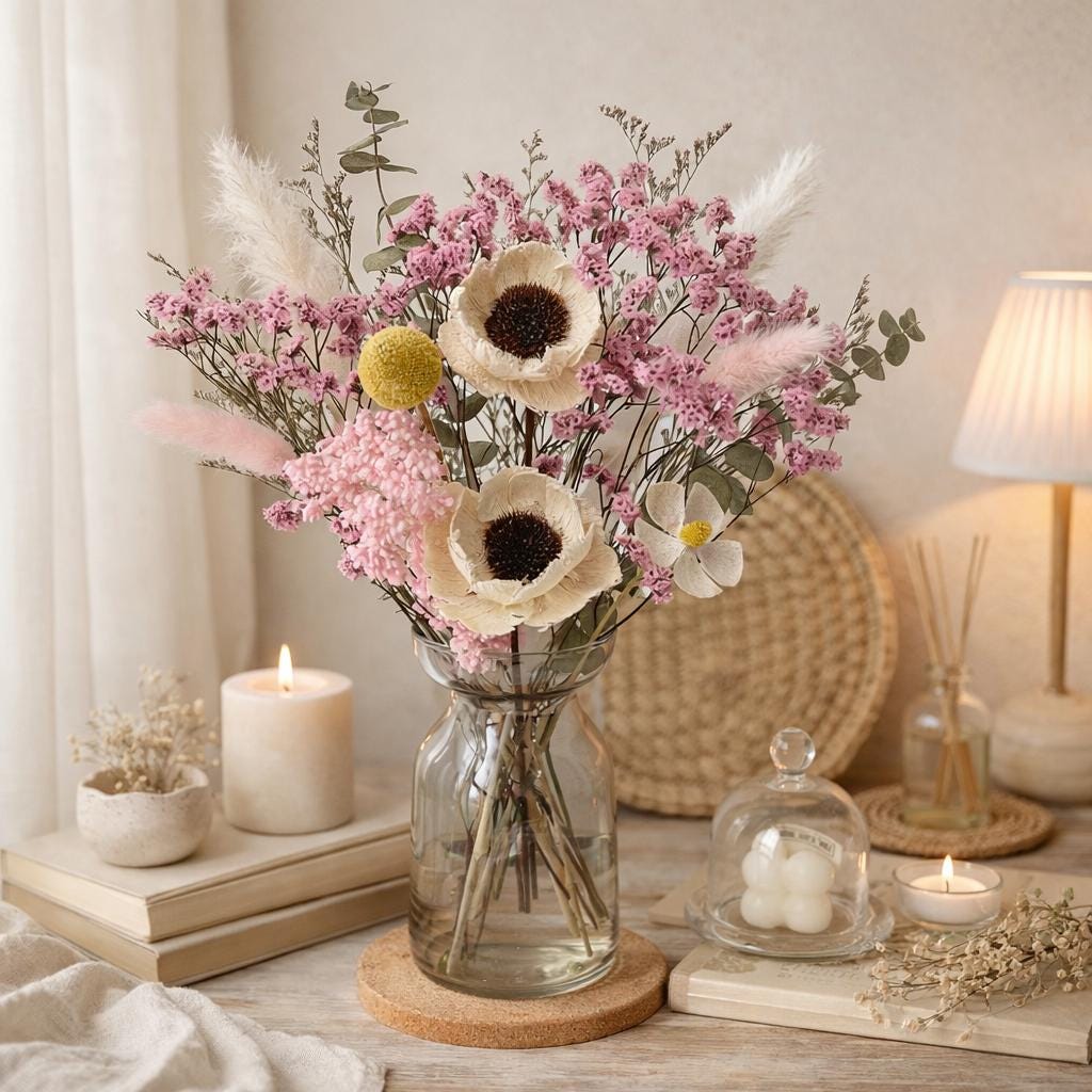 Dried Flower Bouquet with Vase | Wildflower Arrangement | Boho Minimalist Home Decor Gift