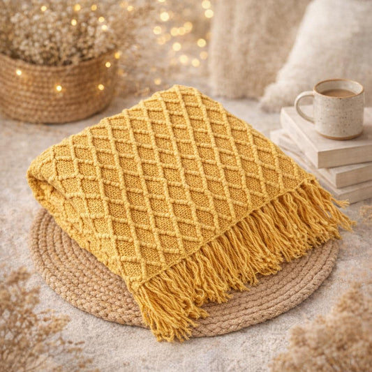Knit tassel throw blanket — Nordic plaid sofa throw, main view