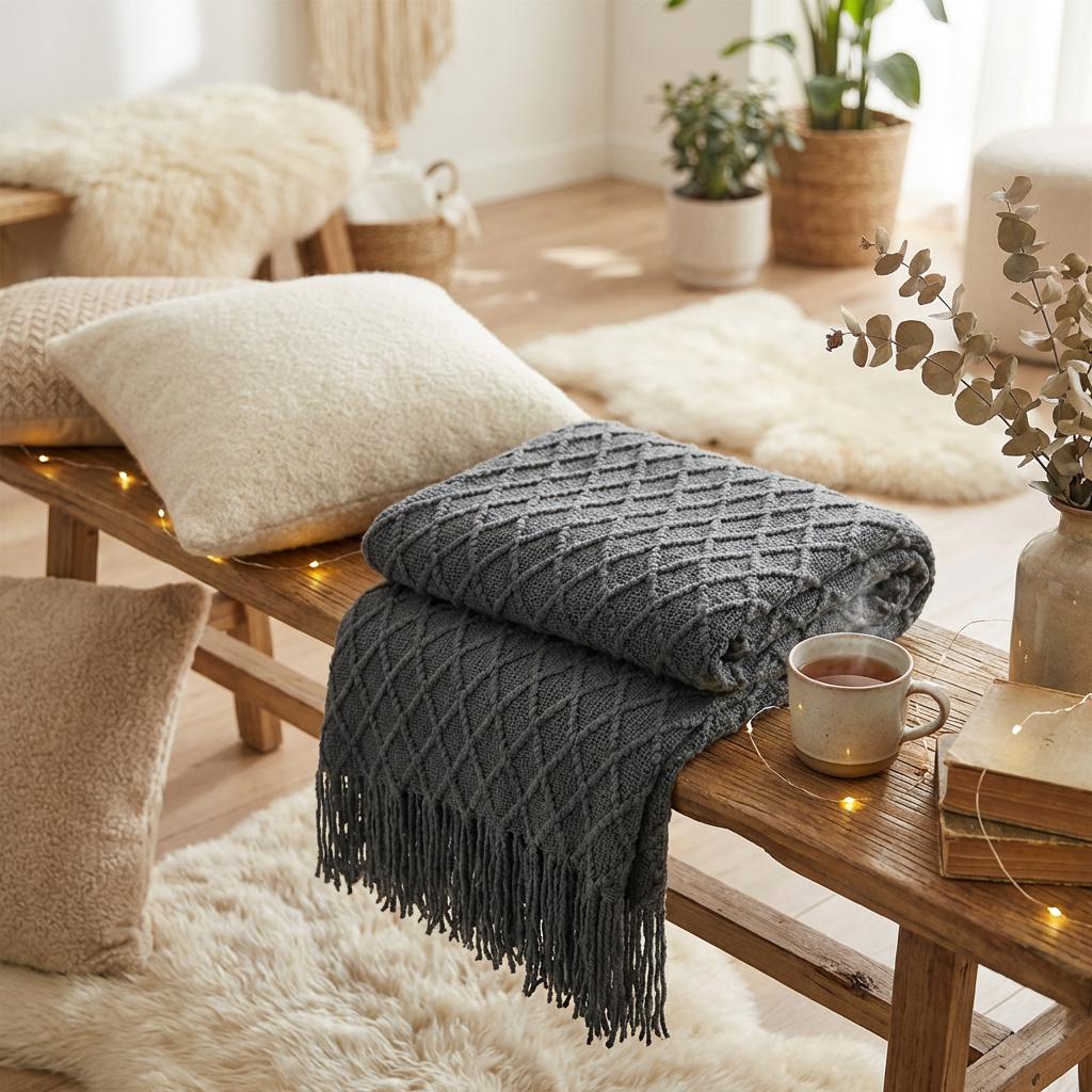 Knit tassel throw blanket in yellow