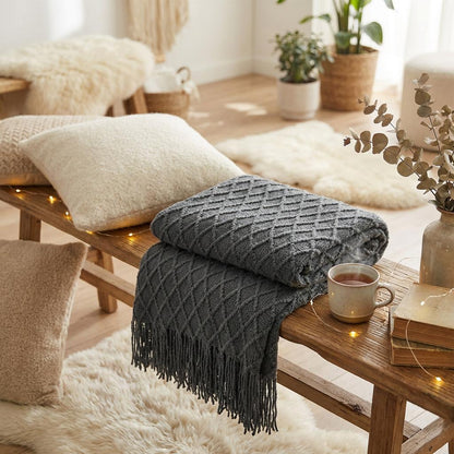Knit tassel throw blanket in yellow