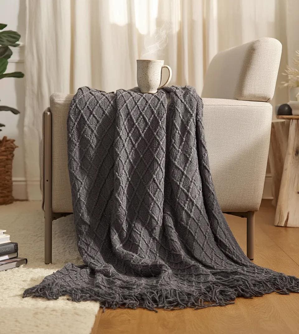 Knit tassel throw blanket in brick red
