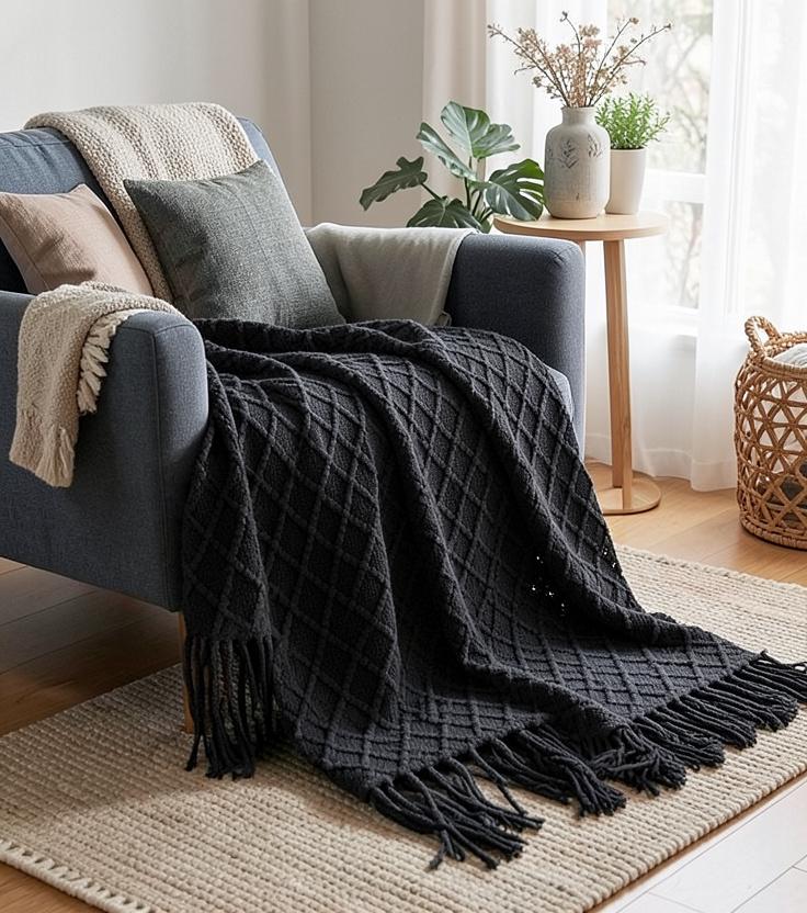 Knit tassel throw blanket in beige