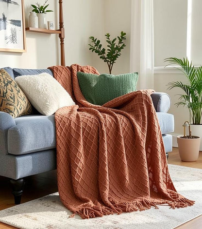 Knit tassel throw blanket layered on bed