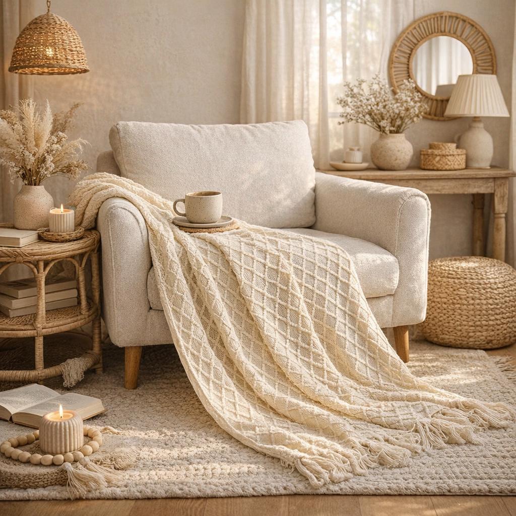 Knit tassel throw blanket, view 15