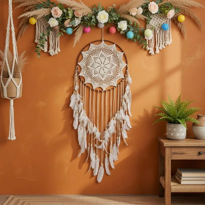 Large Boho Dreamcatcher with Feathers | Crochet Lace Hanging | Bohemian Bedroom Gift for Her
