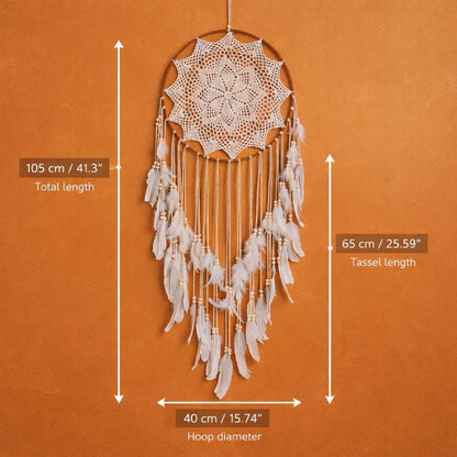Large Boho Dreamcatcher with Feathers | Crochet Lace Hanging | Bohemian Bedroom Gift for Her
