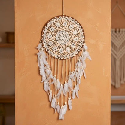 Large Boho Dreamcatcher with Feathers | Crochet Lace Hanging | Bohemian Bedroom Gift for Her