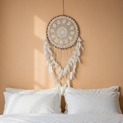 Large Boho Dreamcatcher with Feathers | Crochet Lace Hanging | Bohemian Bedroom Gift for Her