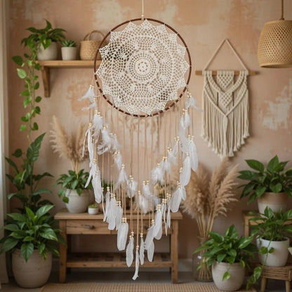 Large Boho Dreamcatcher with Feathers | Crochet Lace Hanging | Bohemian Bedroom Gift for Her