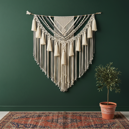 Large macrame wall hanging on dark green wall — cream cotton boho tapestry with tassel fringe, Bohoartis