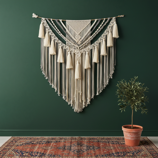 Large macrame wall hanging on dark green wall — cream cotton boho tapestry with tassel fringe, Bohoartis