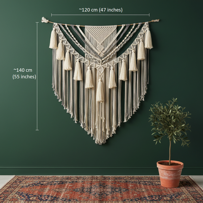 Macrame wall hanging size guide — 120x140 cm large boho tapestry dimensions, cotton wall art by Bohoartis