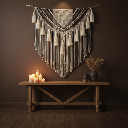Macrame wall hanging in dark moody interior with candles — bohemian tapestry above wooden console, neutral tassel decor