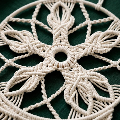 Close-up floral knotwork detail of large cream macrame dreamcatcher on dark green background — Bohoartis