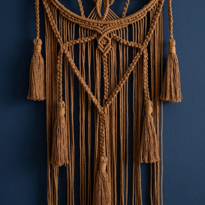 Close-up brown macrame dreamcatcher V-shaped tassel section cotton fringe on navy blue background — Bohoartis