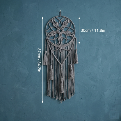 Large round macrame dreamcatcher size chart ring diameter 30cm total length 87cm dimensions in inches — Bohoartis