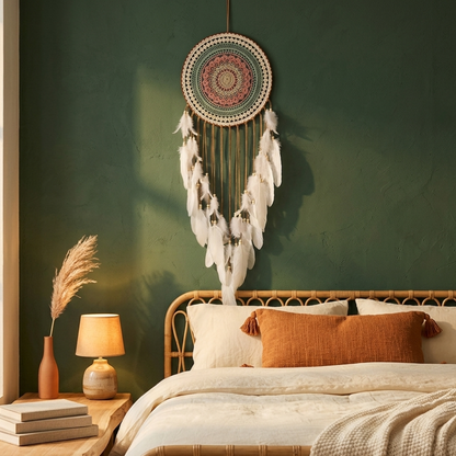 Round mandala dreamcatcher above rattan headboard on sage green wall — boho bedroom feather wall hanging