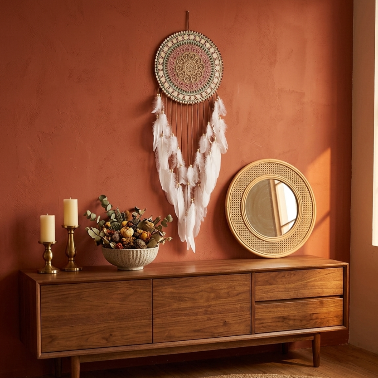 Boho mandala dreamcatcher above wooden sideboard on terracotta wall — large feather wall hanging living room
