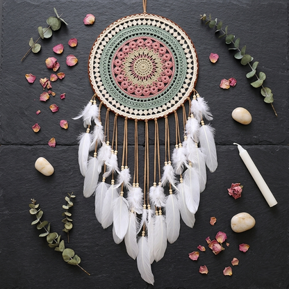 Mandala dreamcatcher Style 01 flat lay with rose petals and eucalyptus — sage green pink feather wall hanging