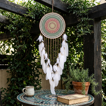Large round mandala dreamcatcher hanging from outdoor pergola with green garden backdrop — patio boho decor