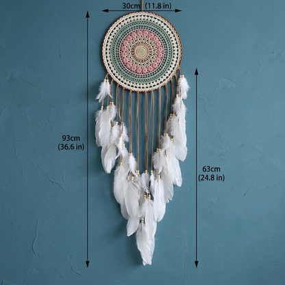 Large round mandala dreamcatcher size guide — 30 cm hoop, 63 cm feathers, 93 cm total hanging length