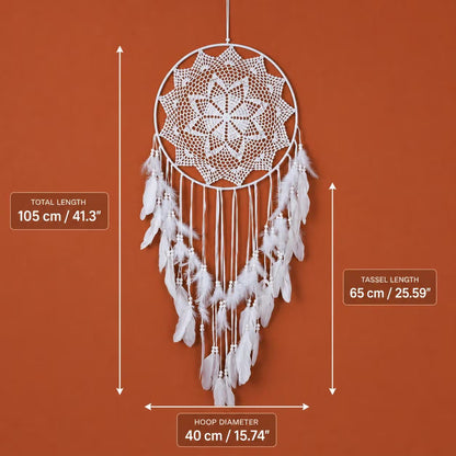White dreamcatcher with measurements on an orange background