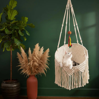 Macrame Cat Bed Hanging Hammock, Boho Cat Nest Cotton Basket, Fringe Pet Swing Gift