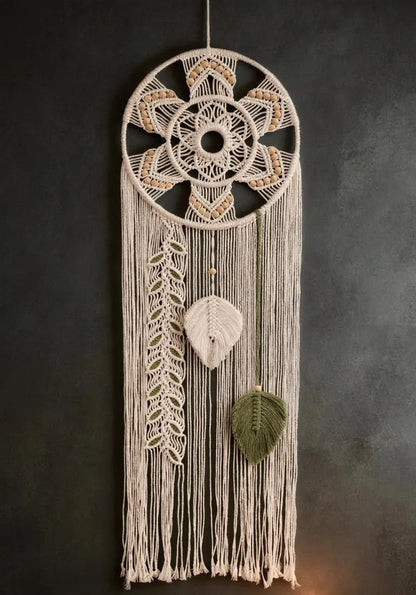 Macrame Wall Hanging Dream Catcher | Mandala Boho Wall Decor Wood Beads Green Leaf Fringe