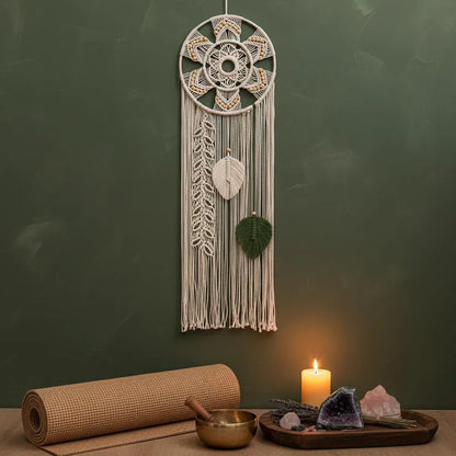 Macrame Wall Hanging Dream Catcher | Mandala Boho Wall Decor Wood Beads Green Leaf Fringe