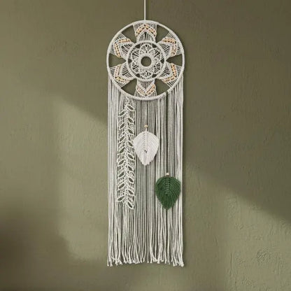 Macrame Wall Hanging Dream Catcher | Mandala Boho Wall Decor Wood Beads Green Leaf Fringe