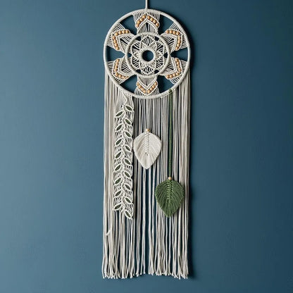 Macrame Wall Hanging Dream Catcher | Mandala Boho Wall Decor Wood Beads Green Leaf Fringe