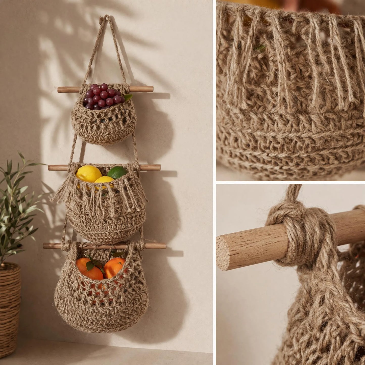 Hemp rope macrame basket close-up showing natural brown open-weave texture and knot detail