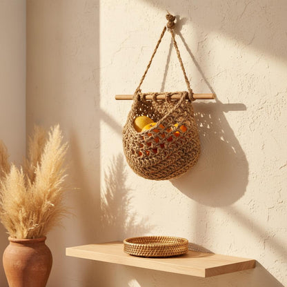 Three tier hemp rope fruit basket with dried stems and bread board, natural farmhouse kitchen