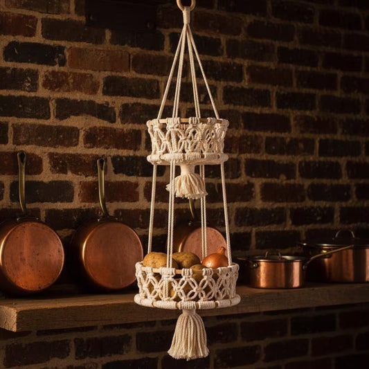 Macrame Tiered Fruit Hammock | Boho Kitchen Storage | Handmade Veggie Organizer 1 2 3 Tier