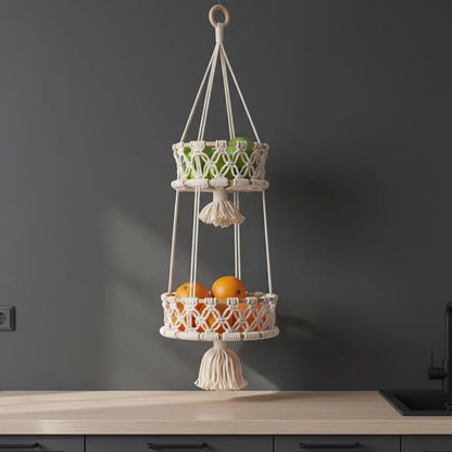 Macrame Tiered Fruit Hammock | Boho Kitchen Storage | Handmade Veggie Organizer 1 2 3 Tier