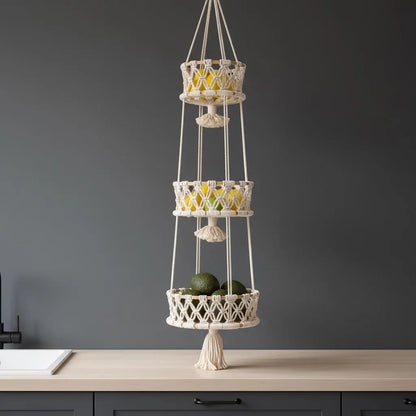 Macrame Tiered Fruit Hammock | Boho Kitchen Storage | Handmade Veggie Organizer 1 2 3 Tier