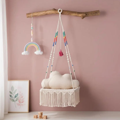 Boho cat wall furniture hanging in a pink cottagecore-style nursery corner