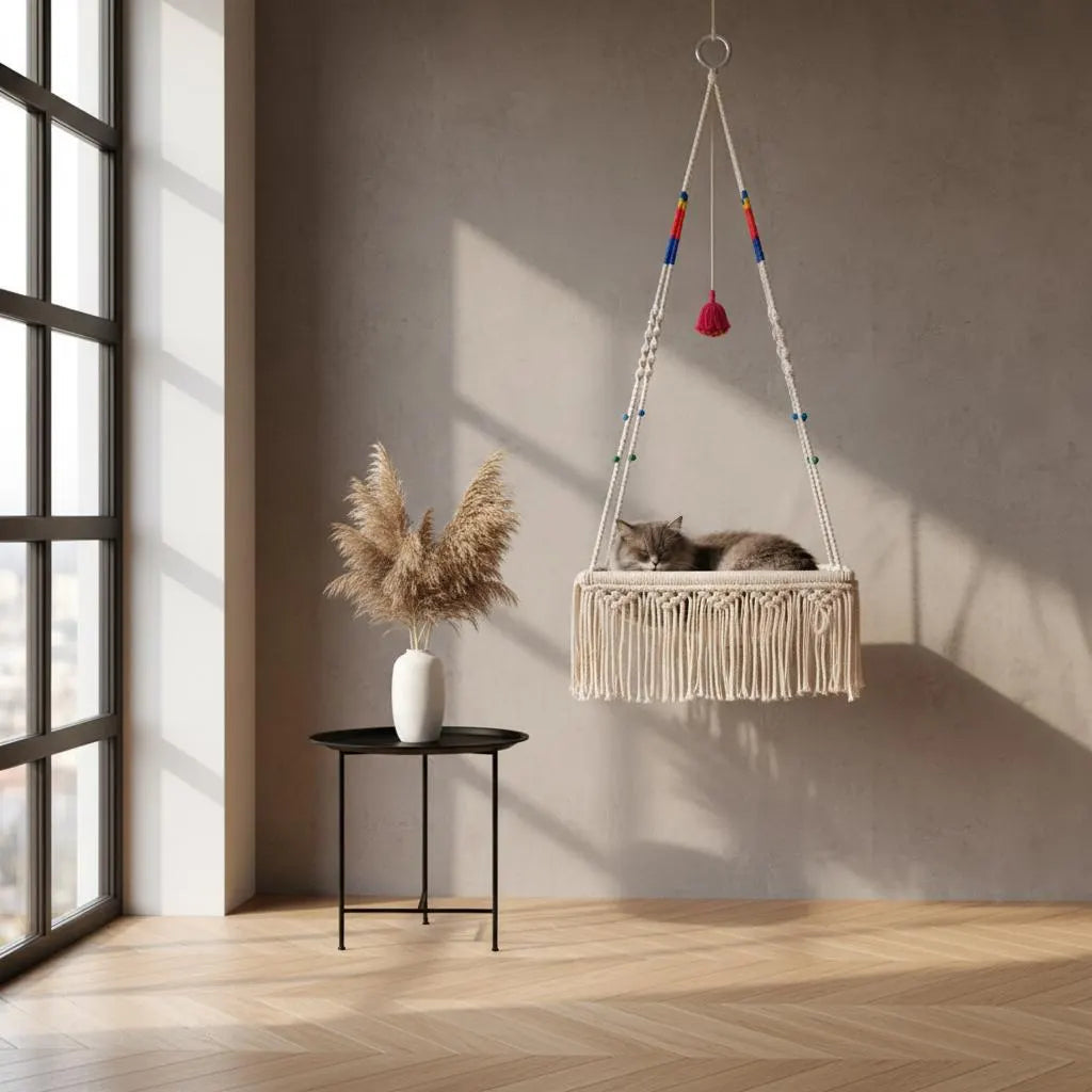 Natural cotton cat hammock by a sunlit window in a Scandinavian minimalist room