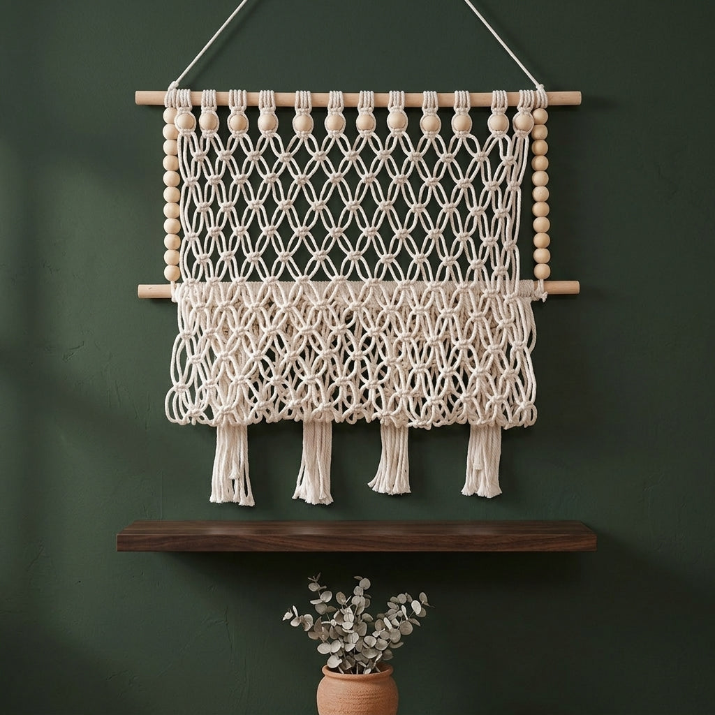 Back view of macrame hanging shelf in Beaded Fringe style: wooden beads on natural wood dowels, open net pocket and four tassels, hung on a green wall above a wooden shelf with a small plant.