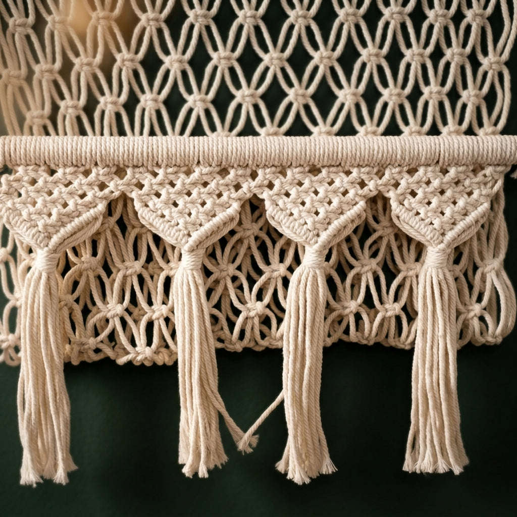 Close-up of macrame hanging shelf front pocket with triangular knotwork fans and long cream tassels