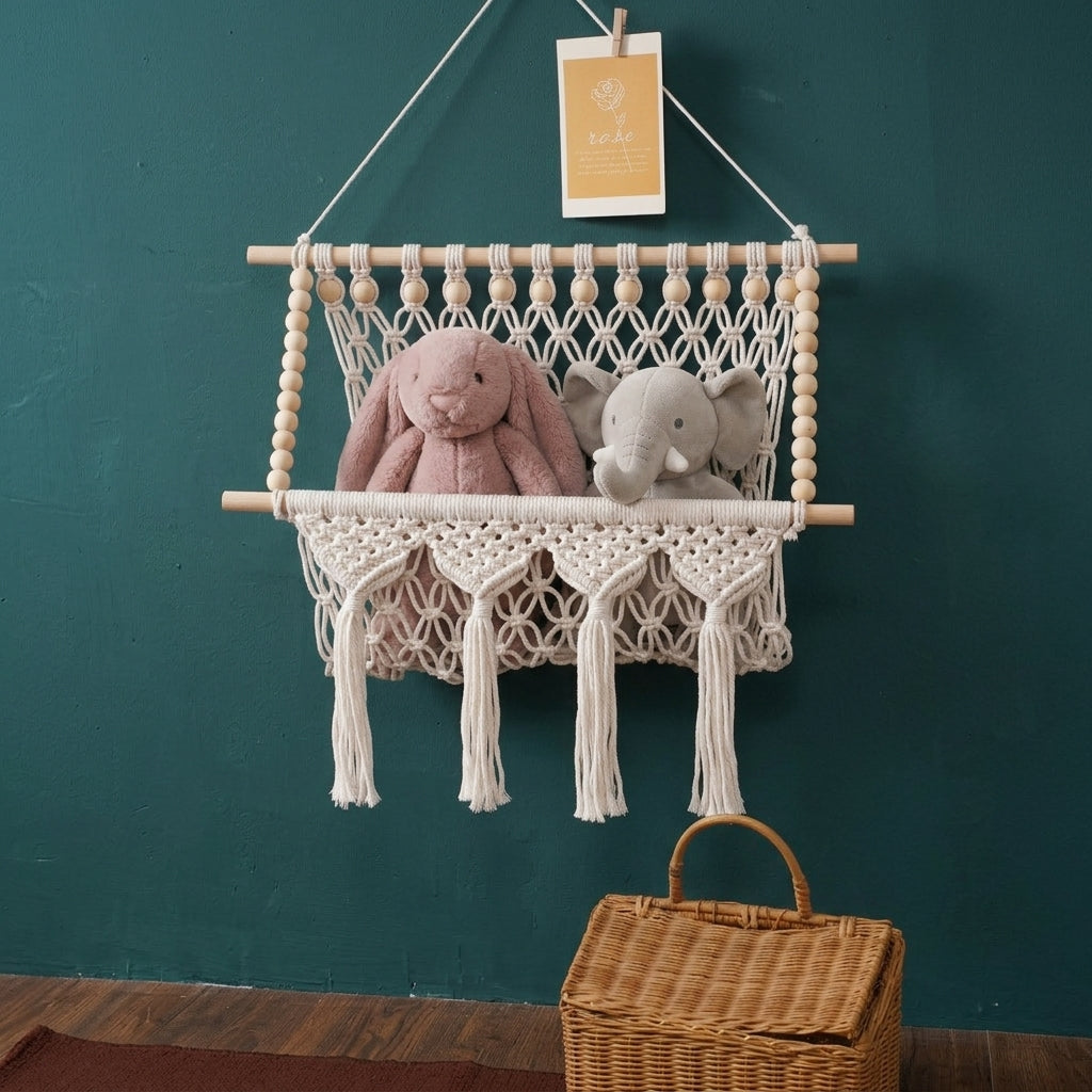 Macrame hanging shelf with wooden beads and tassels holding a plush bunny and elephant on a teal nursery wall