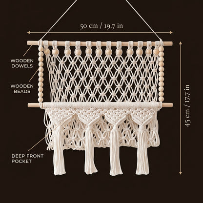 Macrame hanging shelf Beaded Fringe size guide: 50 cm wide × 45 cm high (19.7 × 17.7 in) with wooden beads and deep front pocket