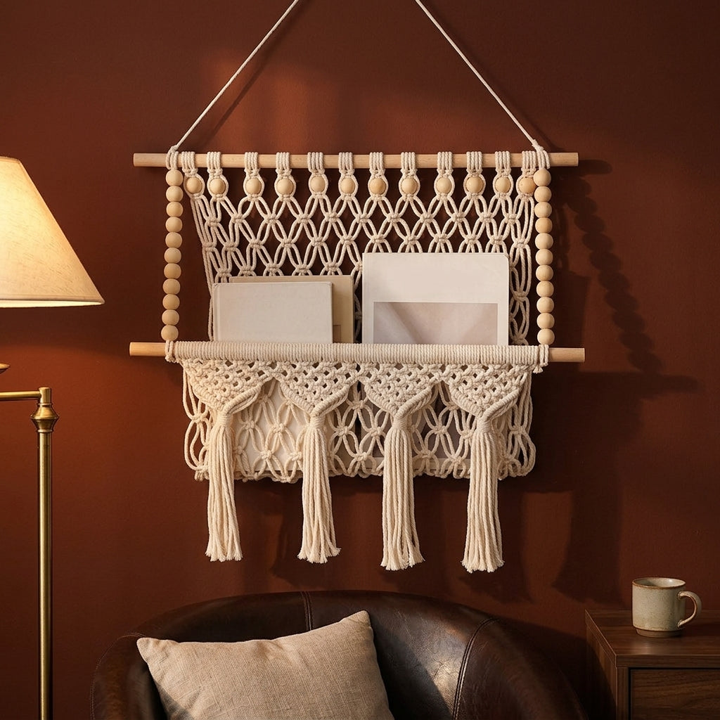 Macrame hanging shelf with wooden beads and tassels holding books and magazines on a terracotta wall