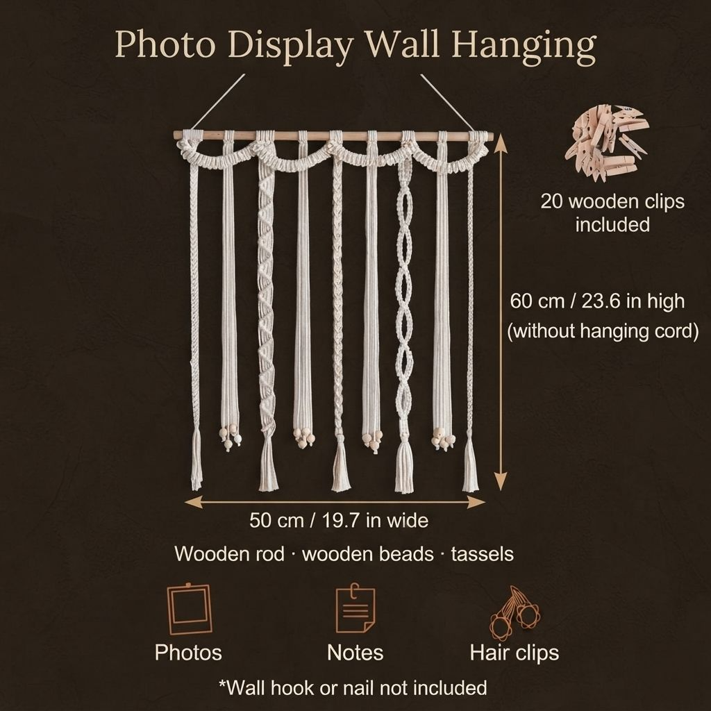 Infographie des dimensions : porte-photos en macramé de 50 cm de large et 60 cm de haut, avec 20 pinces en bois