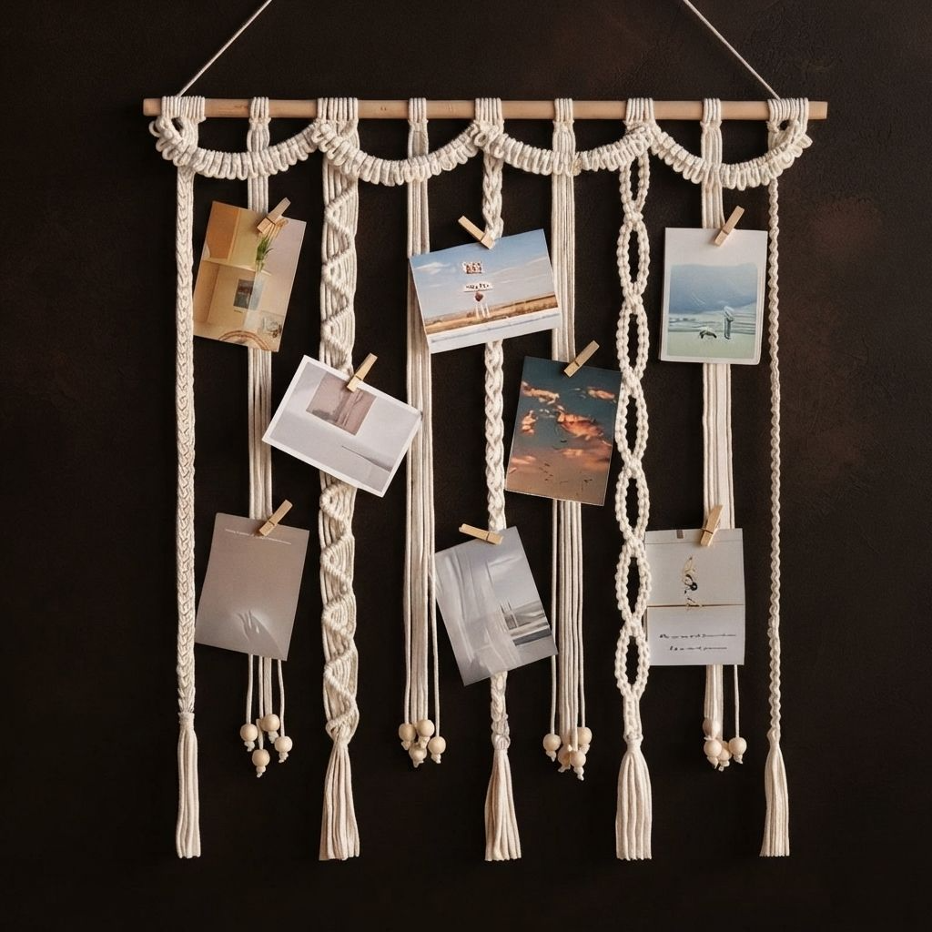Porte-photos mural en macramé blanc crème avec pinces en bois et cartes postales sur un mur brun foncé