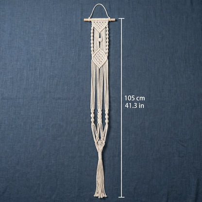 Macrame plant hanger with wooden dowel flat lay size chart 105 cm 41 inches beige cotton rope diamond pattern